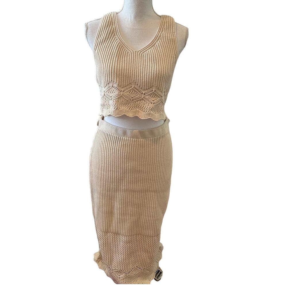 House of Harlow 1960 Revolve Crochet Ribbed Knit Cropped Top Skirt Set M